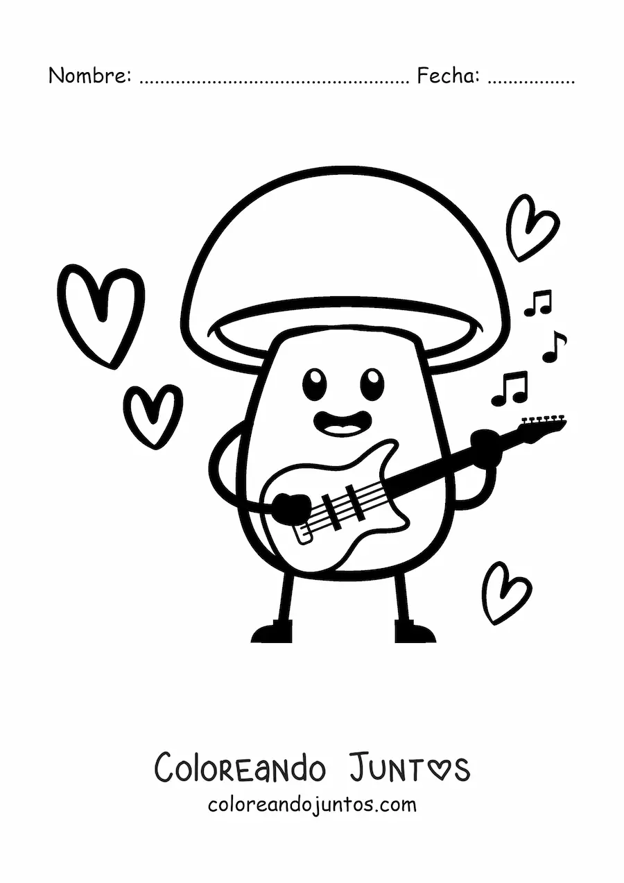 Imagen para colorear de un hongo animado kawaii tocando una guitarra