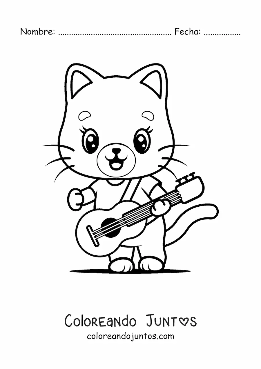Imagen para colorear de un gato animado kawaii tocando una guitarra