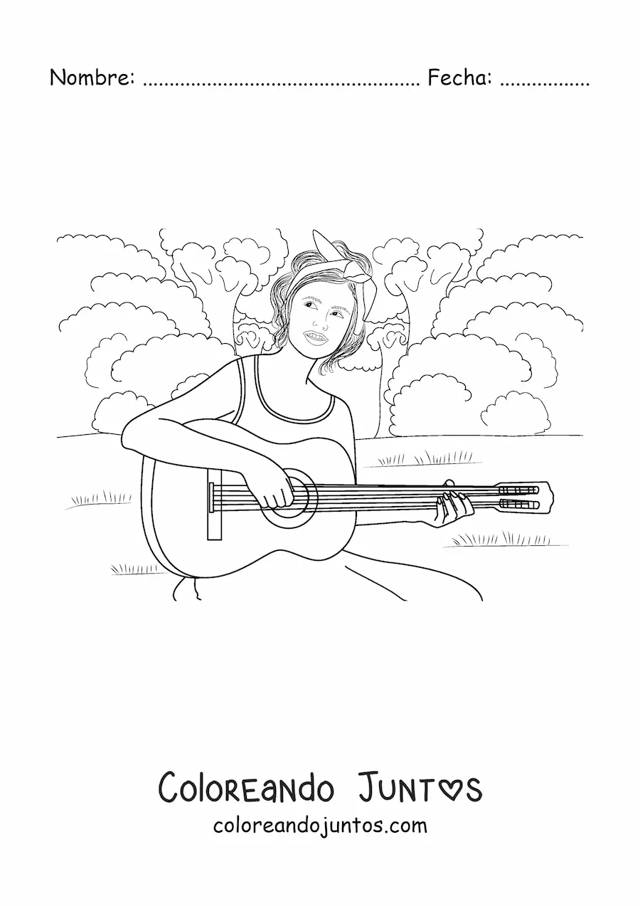 Imagen para colorear de una chica tocando la guitarra en un parque
