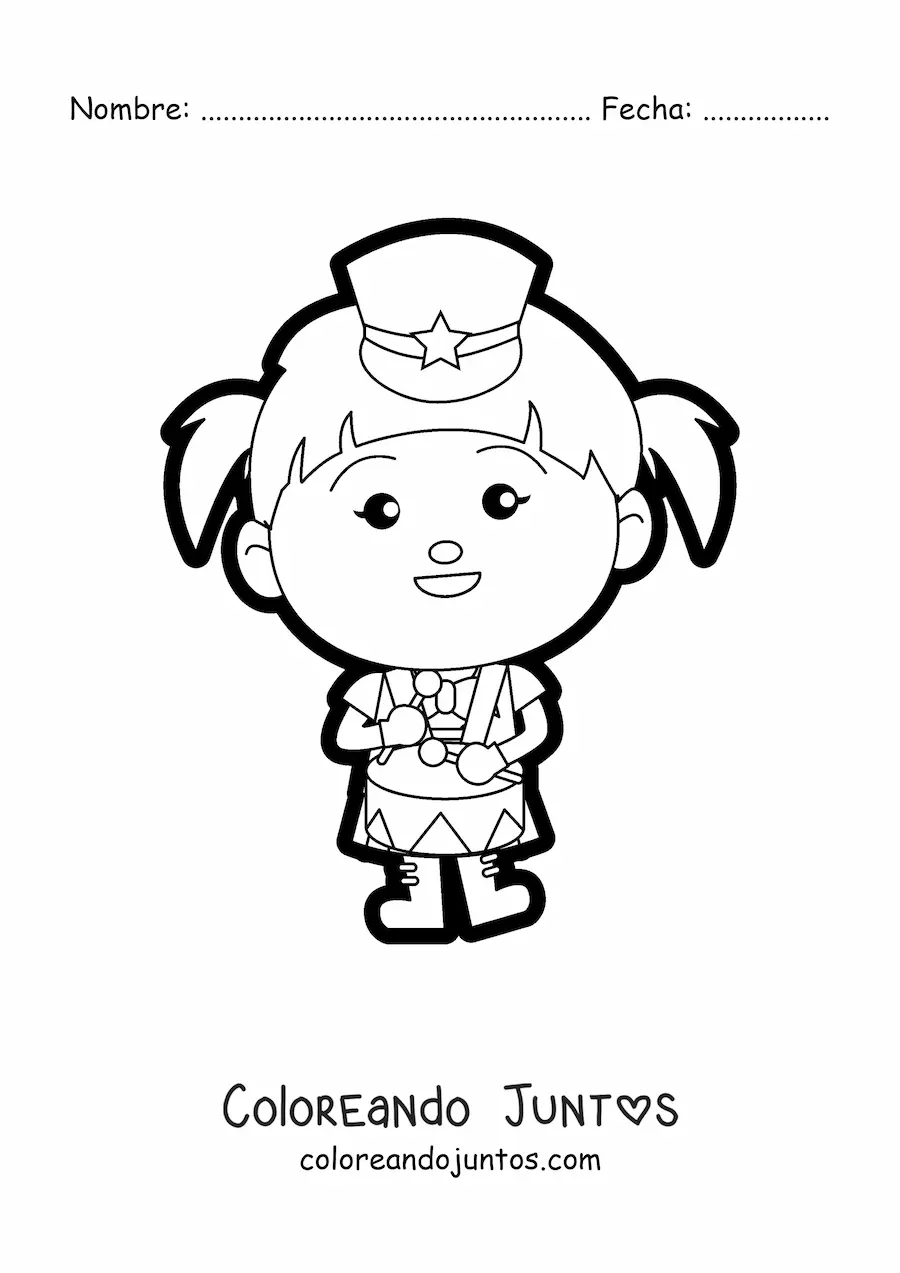 Imagen para colorear de una niña con uniforme de banda marcial tocando el tambor