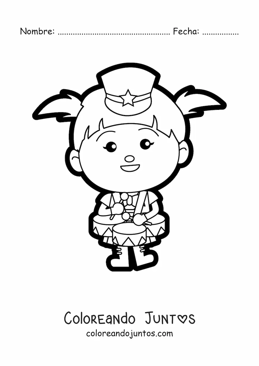 Imagen para colorear de una niña vestida de banda marcial tocando tambores