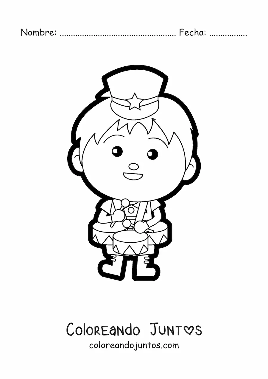 Imagen para colorear de un niño vestido de banda marcial tocando tambores