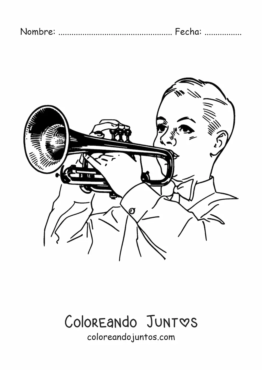 Imagen para colorear de un niño tocando la trompeta