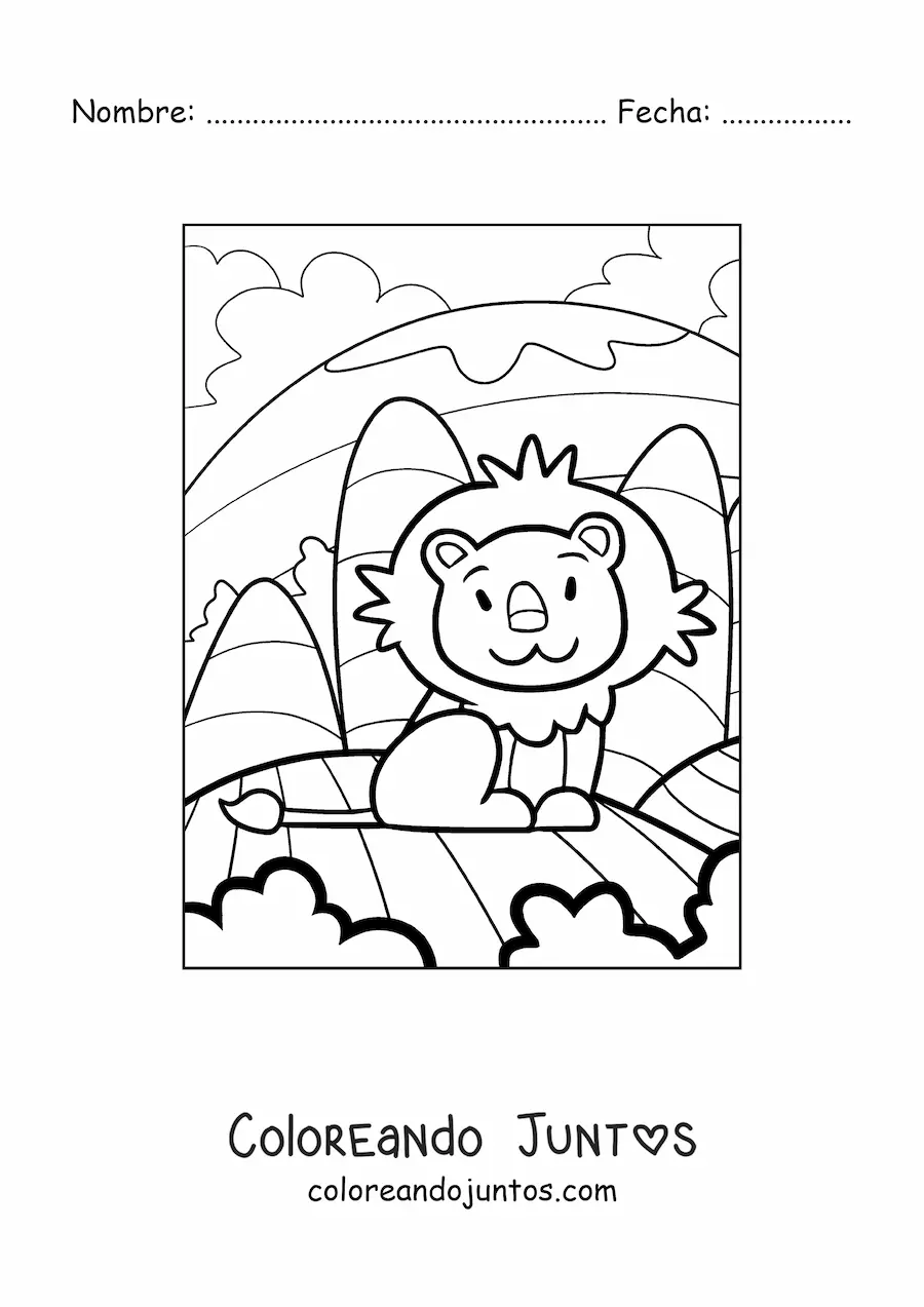 Imagen para colorear de un león animado sentado en un paisaje natural con montañas