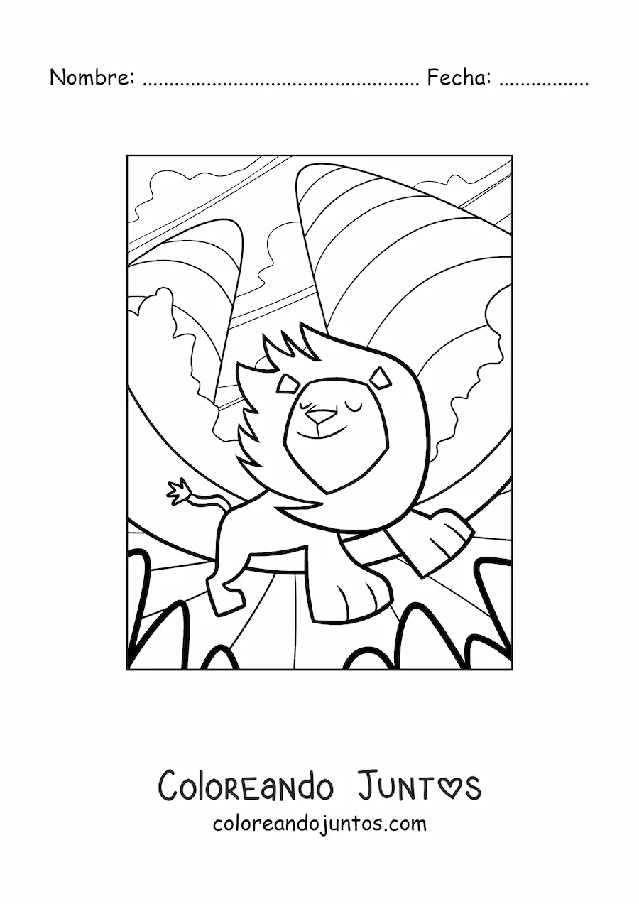 Imagen para colorear de un león animado caminando con la melena al viento en un paisaje natural