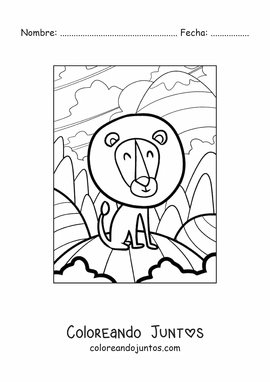 Imagen para colorear de un león animado feliz con una gran melena redonda en su hábitat