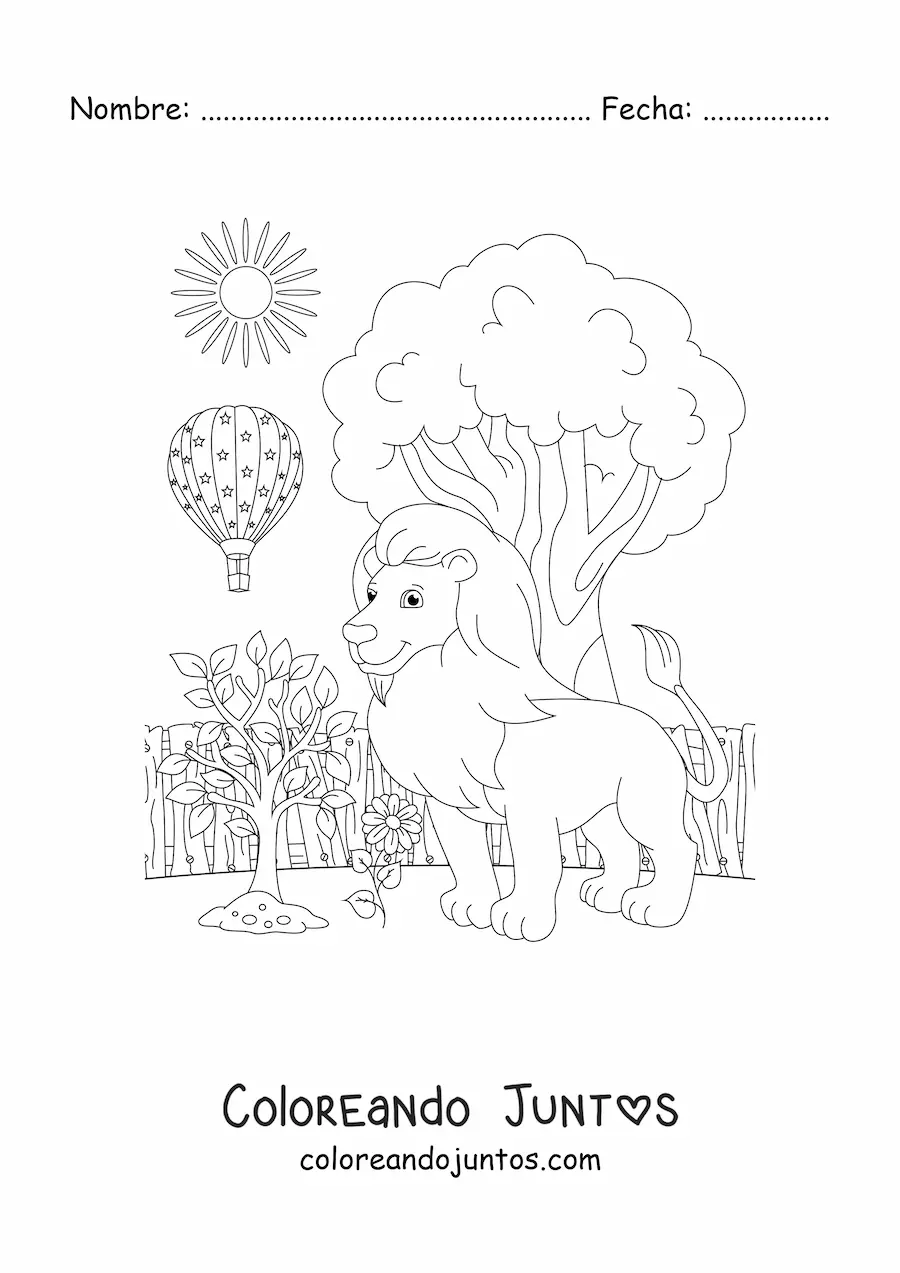 Imagen para colorear de un paisaje de zoológico con un león grande y un globo aerostático