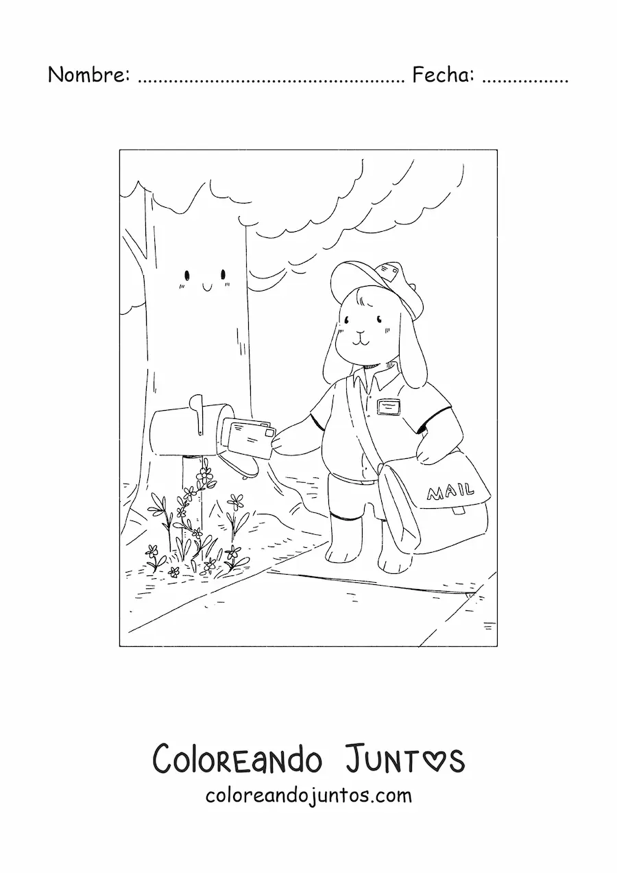 Imagen para colorear de un conejo animado vestido de cartero colocando una carta en un buzón