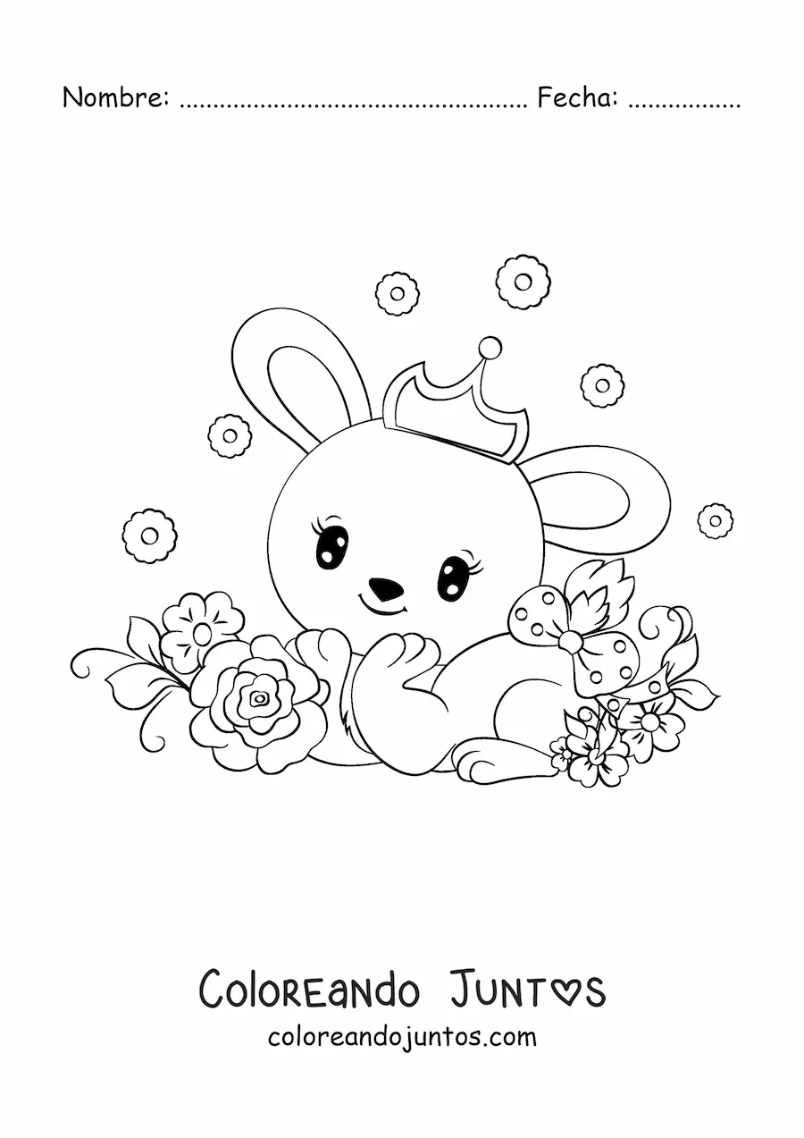 Imagen para colorear de un conejo kawaii con una corona y un lazo en la cola rodeado de flores