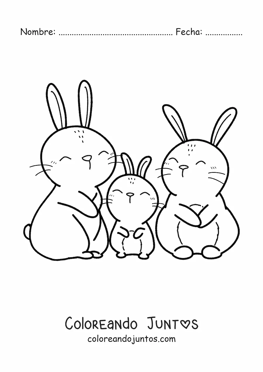 Imagen para colorear de una familia de tres conejos tiernos con ojos cerrados