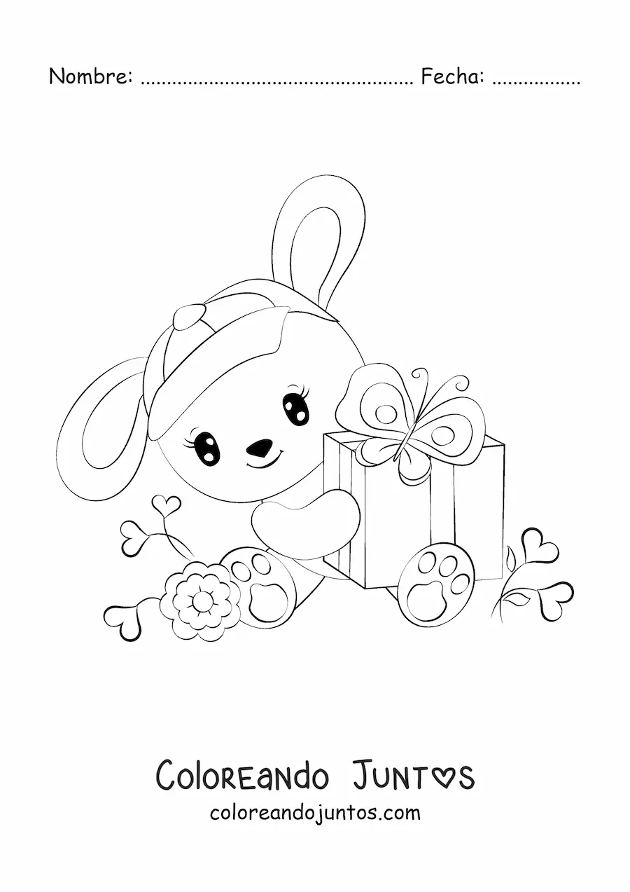 Imagen para colorear de un conejo kawaii sentado sosteniendo un regalo rodeado de flores