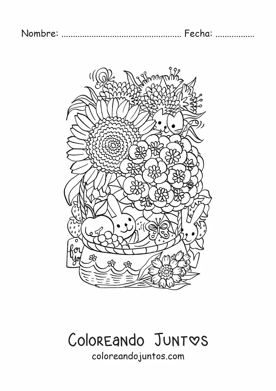 Imagen para colorear de dos conejos animados pequeños en un canasto de flores con un gato