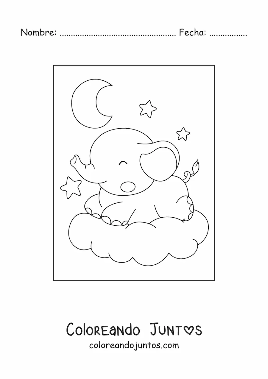 Imagen para colorear de un elefante bebé kawaii durmiendo feliz sobre una nube en un cielo nocturno