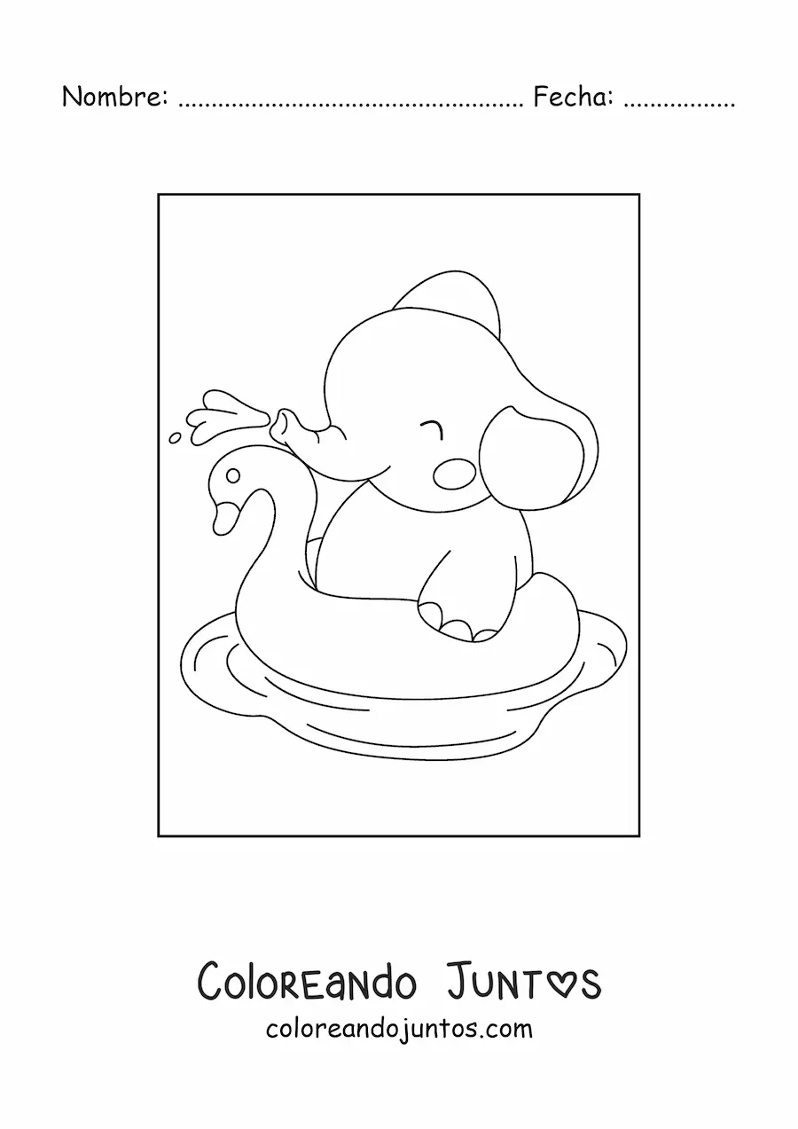 Imagen para colorear de un elefante bebé kawaii feliz con un salvavidas inflable en el agua