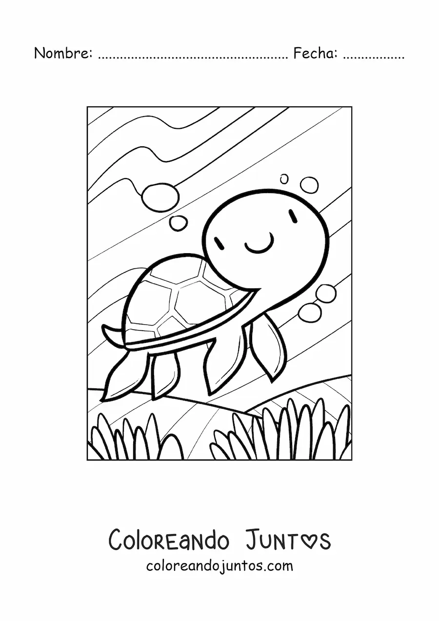 Imagen para colorear de una tortuga marina kawaii nadando en el fondo del mar