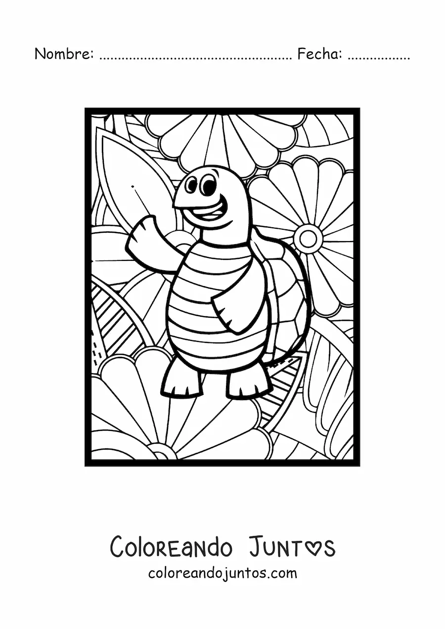 Imagen para colorear de la caricatura de una tortuga graciosa saludando con flores en el fondo