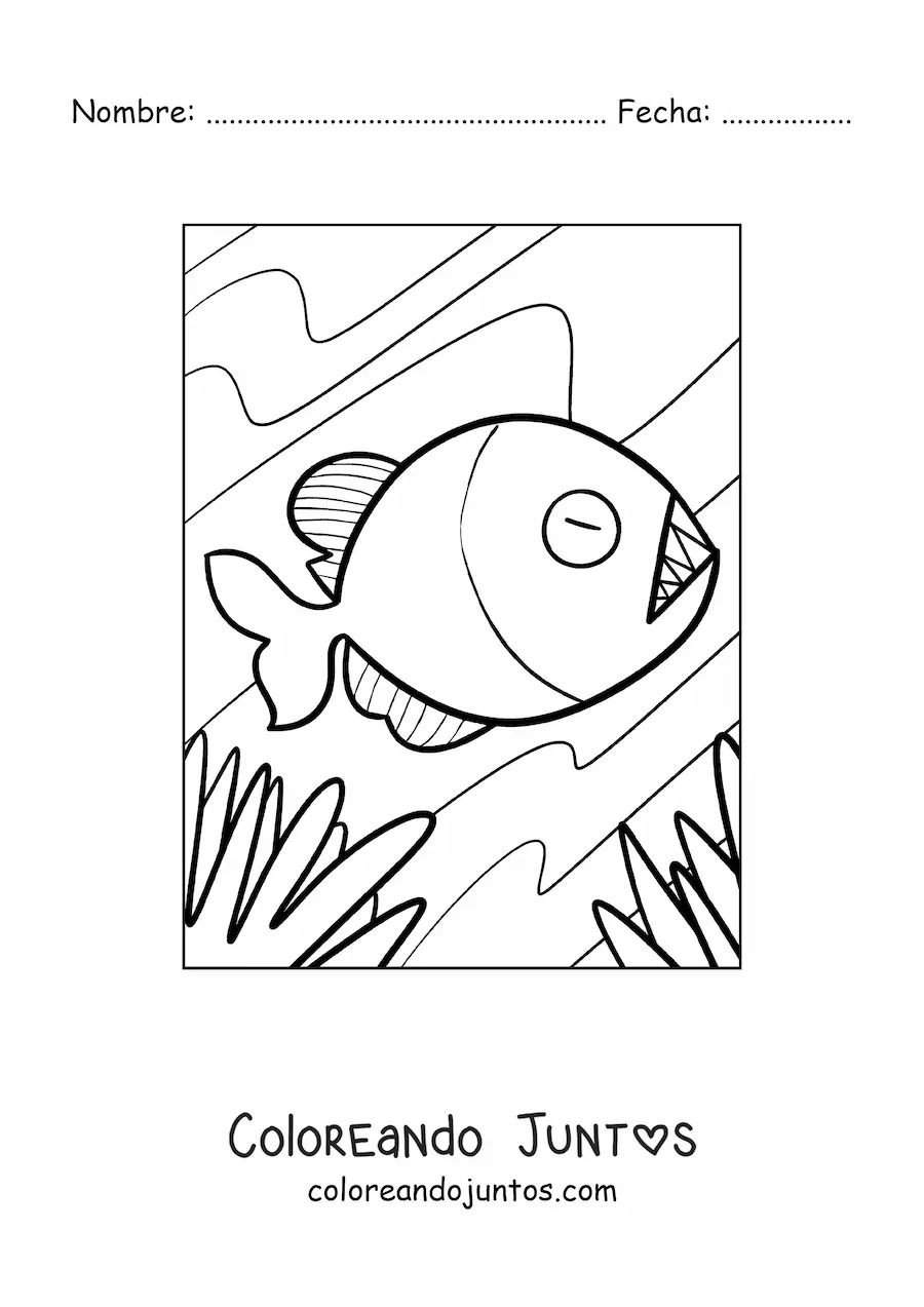 Imagen para colorear de una piraña animada nadando en el fondo del río