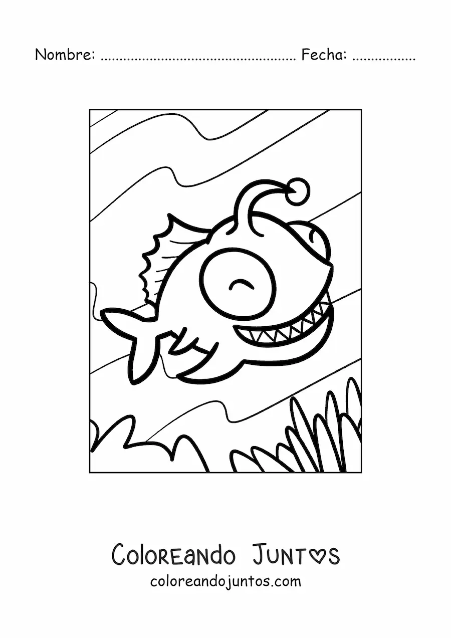 Imagen para colorear de un pez linterna animado sonriente nadando en el fondo del mar