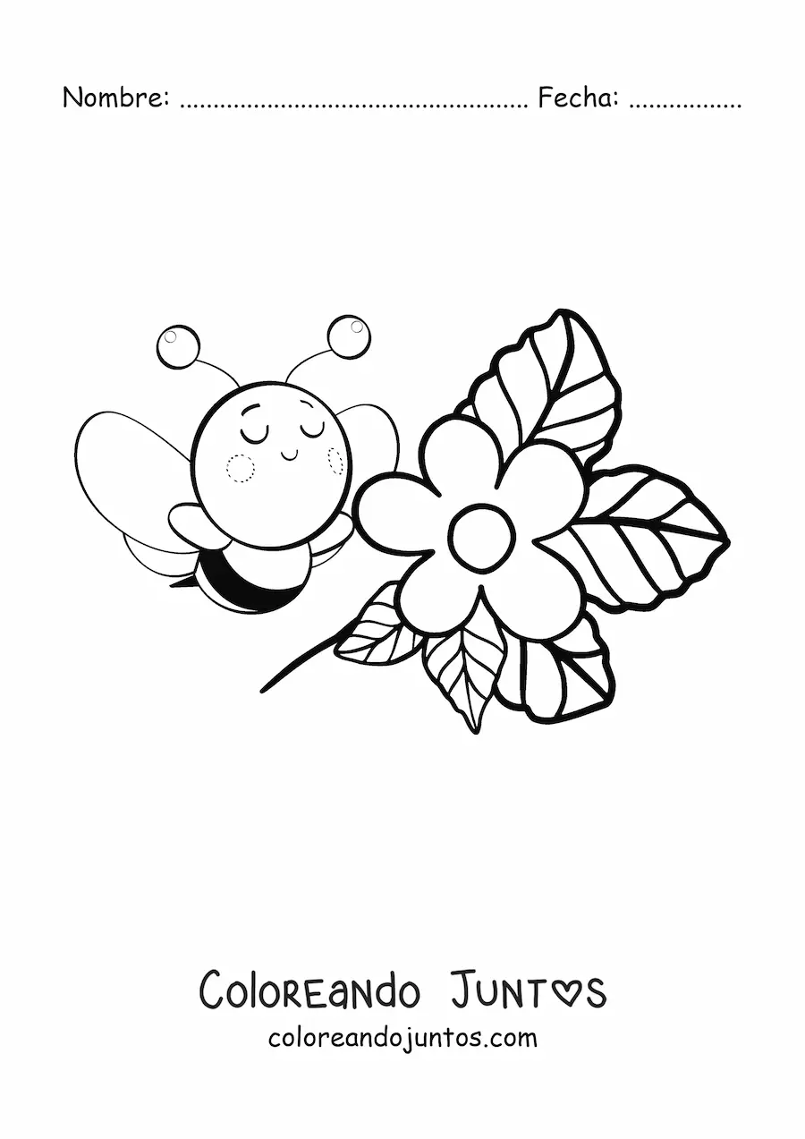 Imagen para colorear de una abeja kawaii volando cerca de una flor