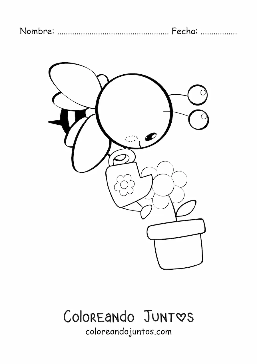Imagen para colorear de una abeja kawaii regando una flor en una maceta con una regadera