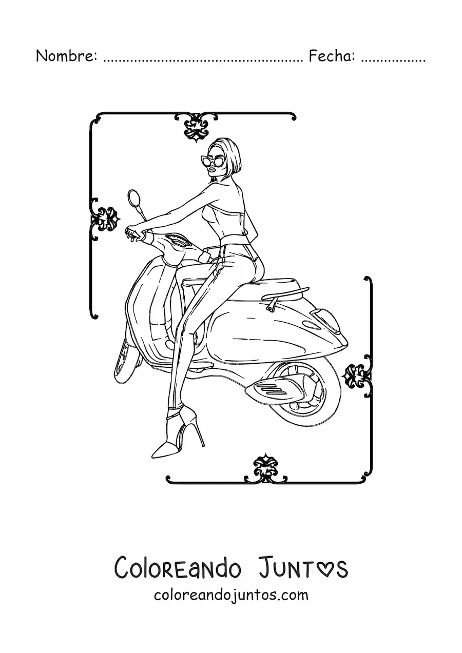 Imagen para colorear de una mujer vestida con pantalones conduciendo una motocicleta
