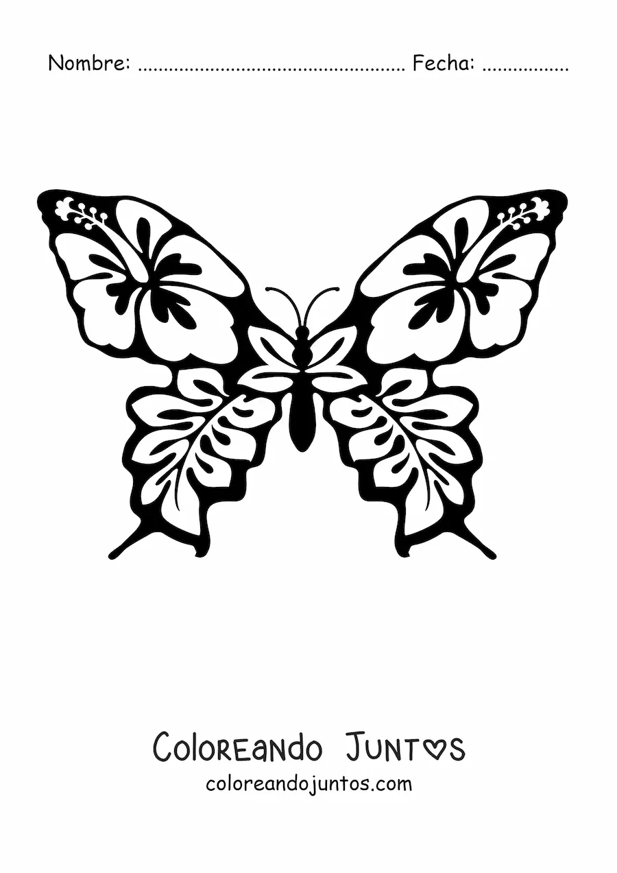 Imagen para colorear de una mariposa con alas con diseño de flores