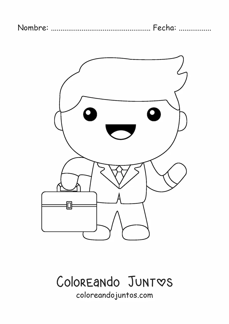 Imagen para colorear de un hombre kawaii vistiendo traje y llevando un maletín