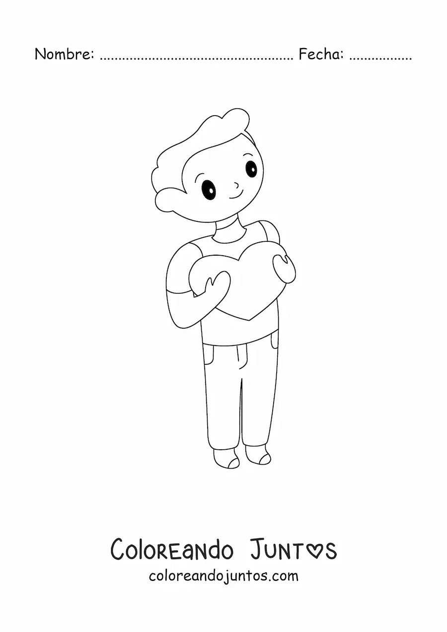 Imagen para colorear de un hombre joven sosteniendo un corazón en sus brazos