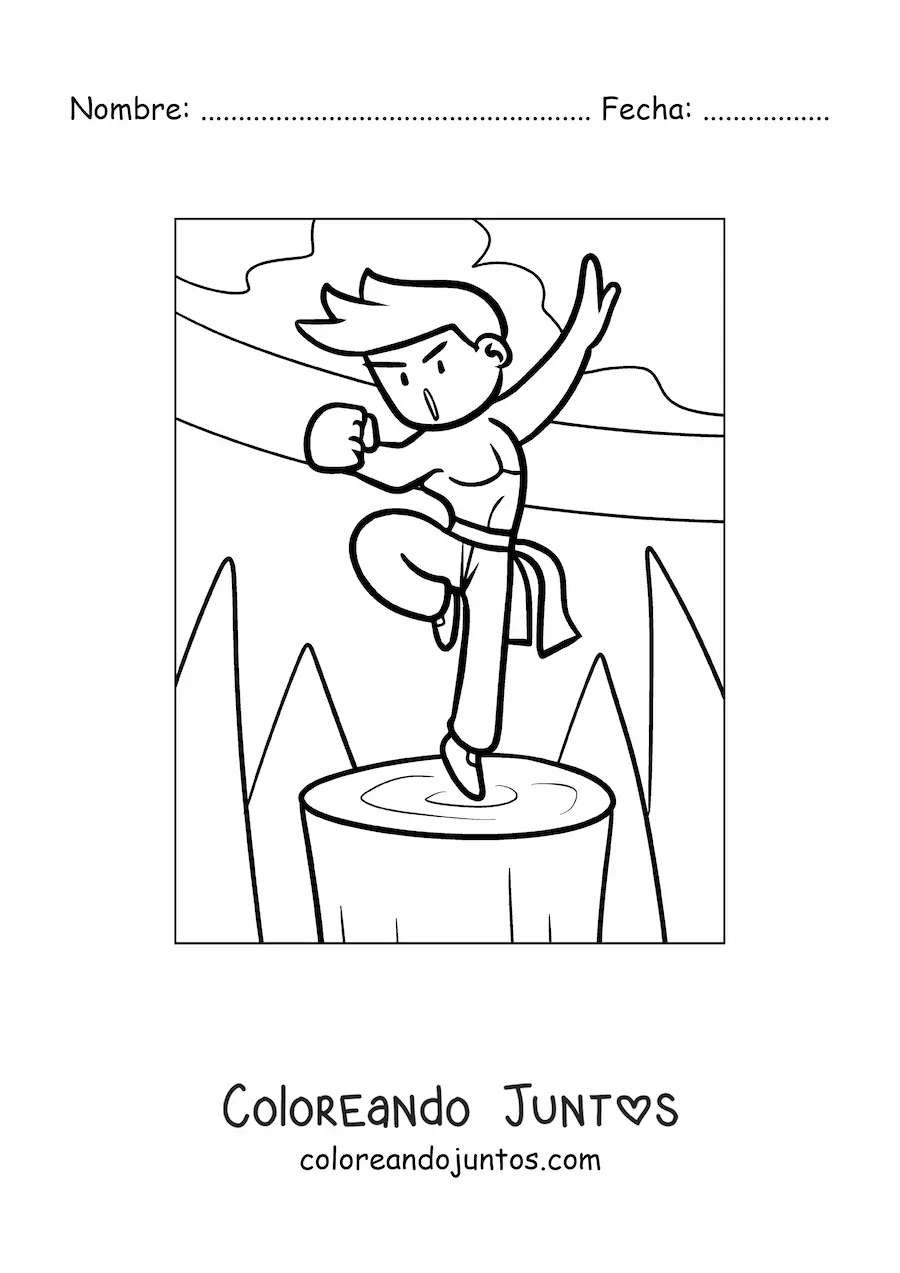 Imagen para colorear de la caricatura de un joven karateka fuerte entrenando