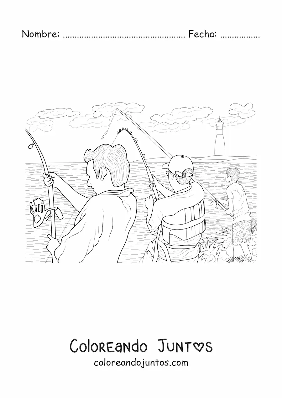 Imagen para colorear de varios hombres pescando a la orilla de un lago