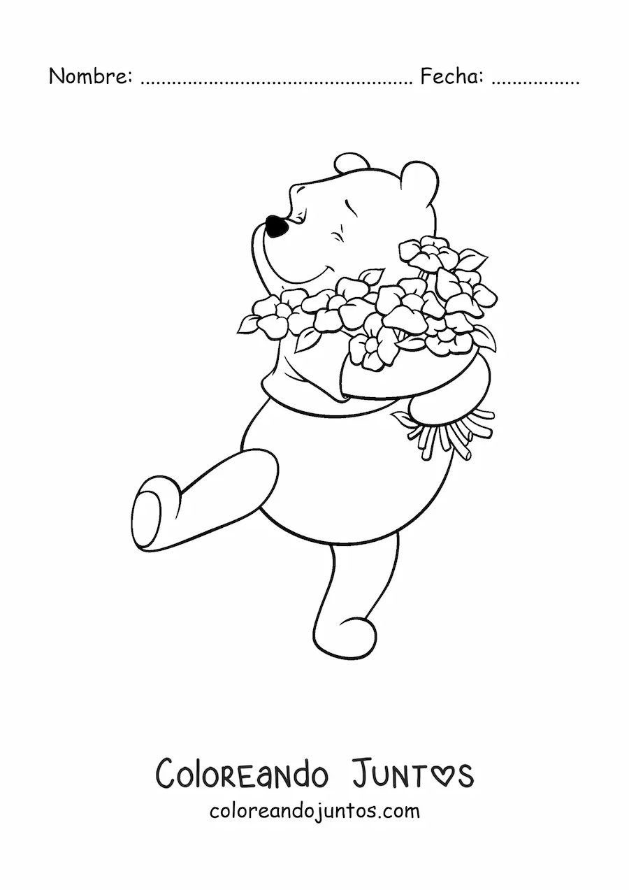 Imagen para colorear de Winnie Pooh feliz abrazando unas flores