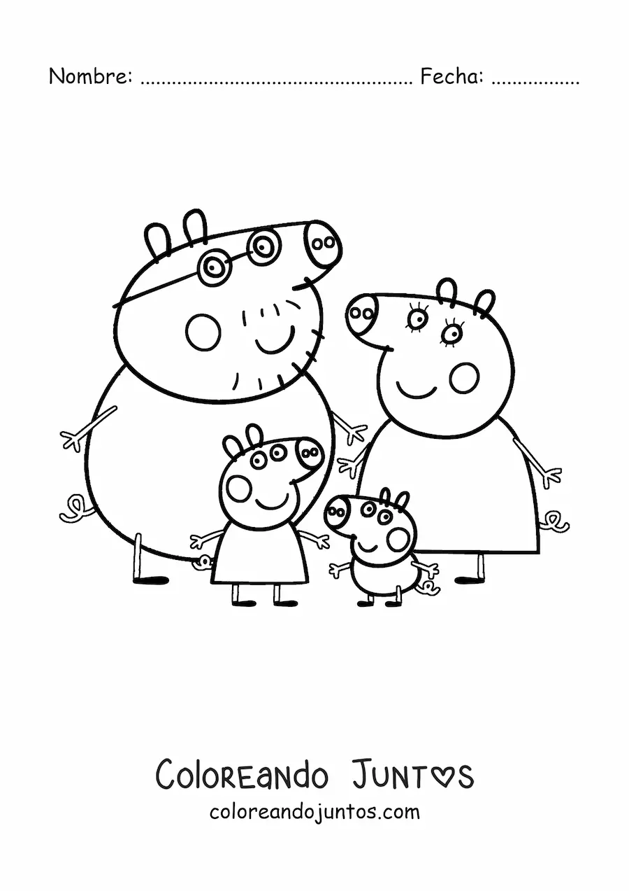 Imagen para colorear de Peppa junto a sus padres y su hermano