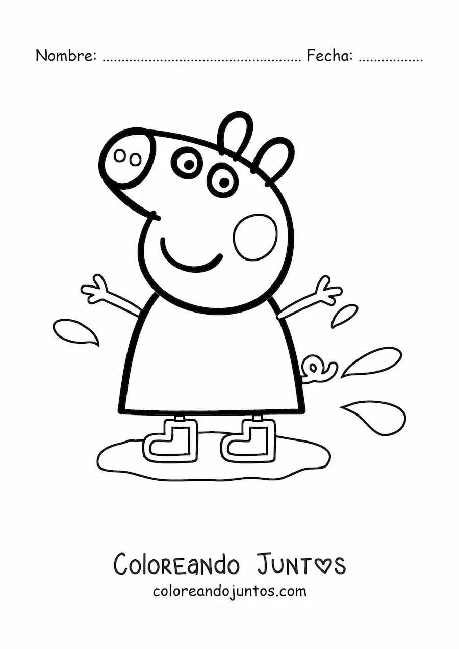 Imagen para colorear de Peppa usando botas pisando un charco de lodo