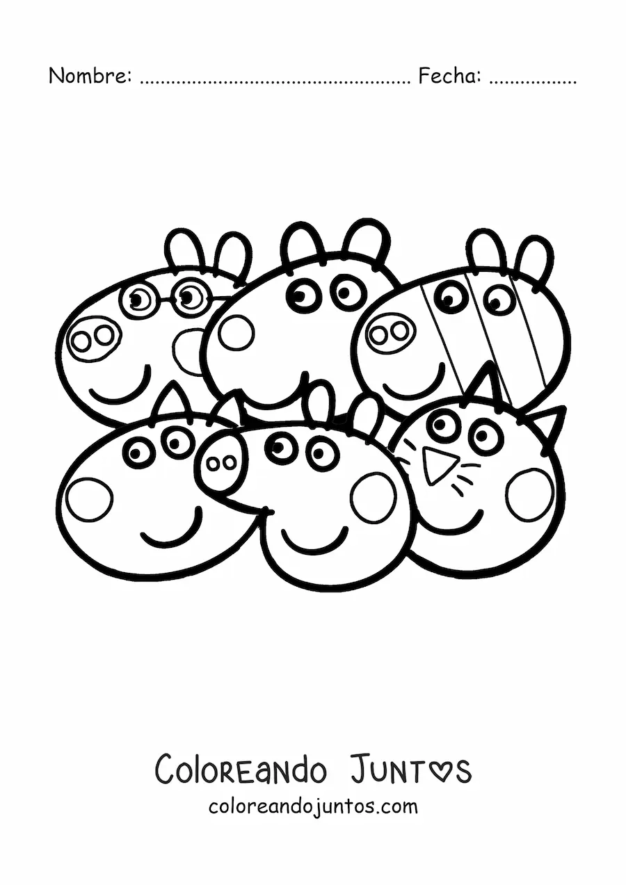 Imagen para colorear de las caras de los amigos de Peppa