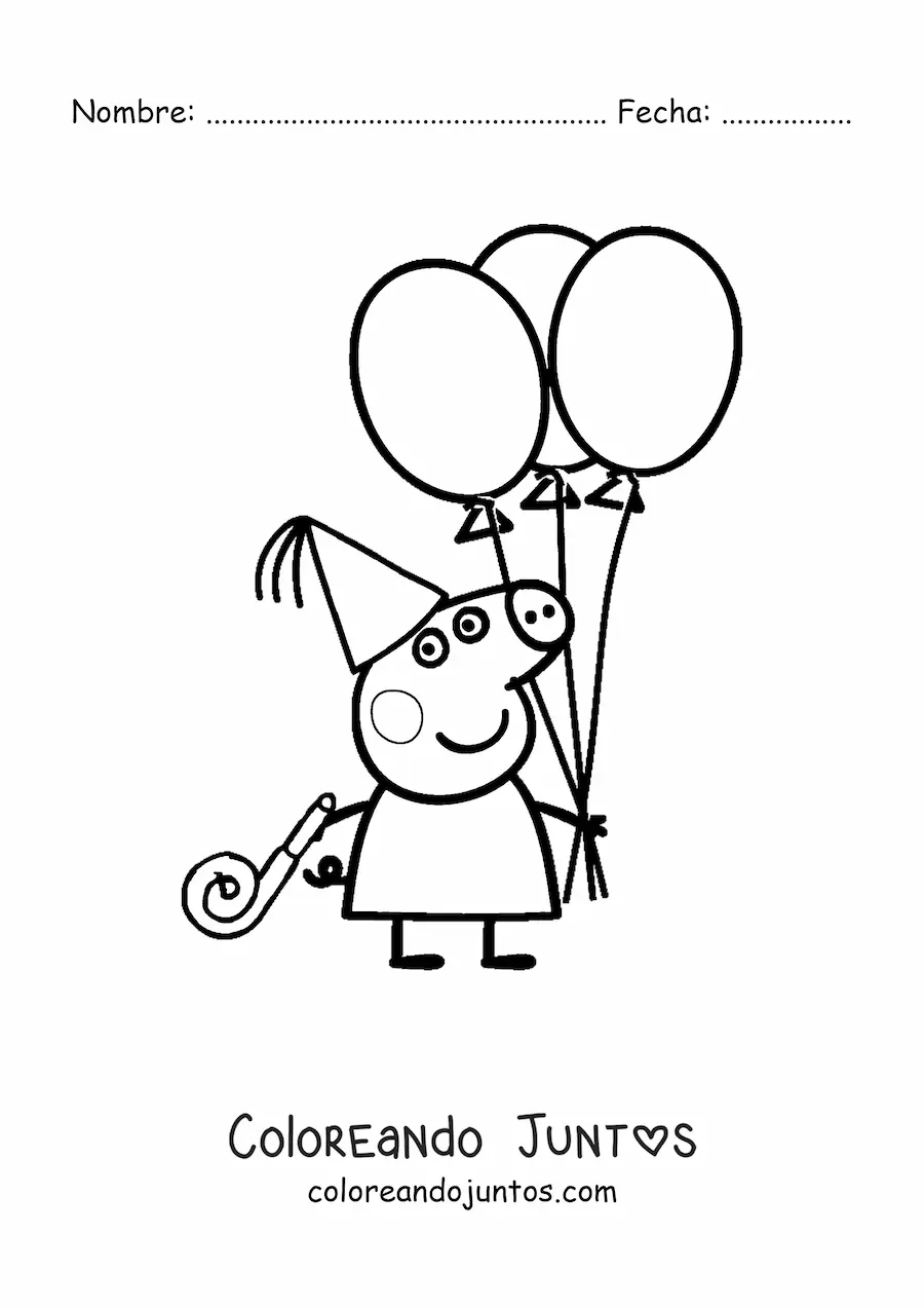 Imagen para colorear de Peppa usando un gorro de fiesta y sujetando varios globos
