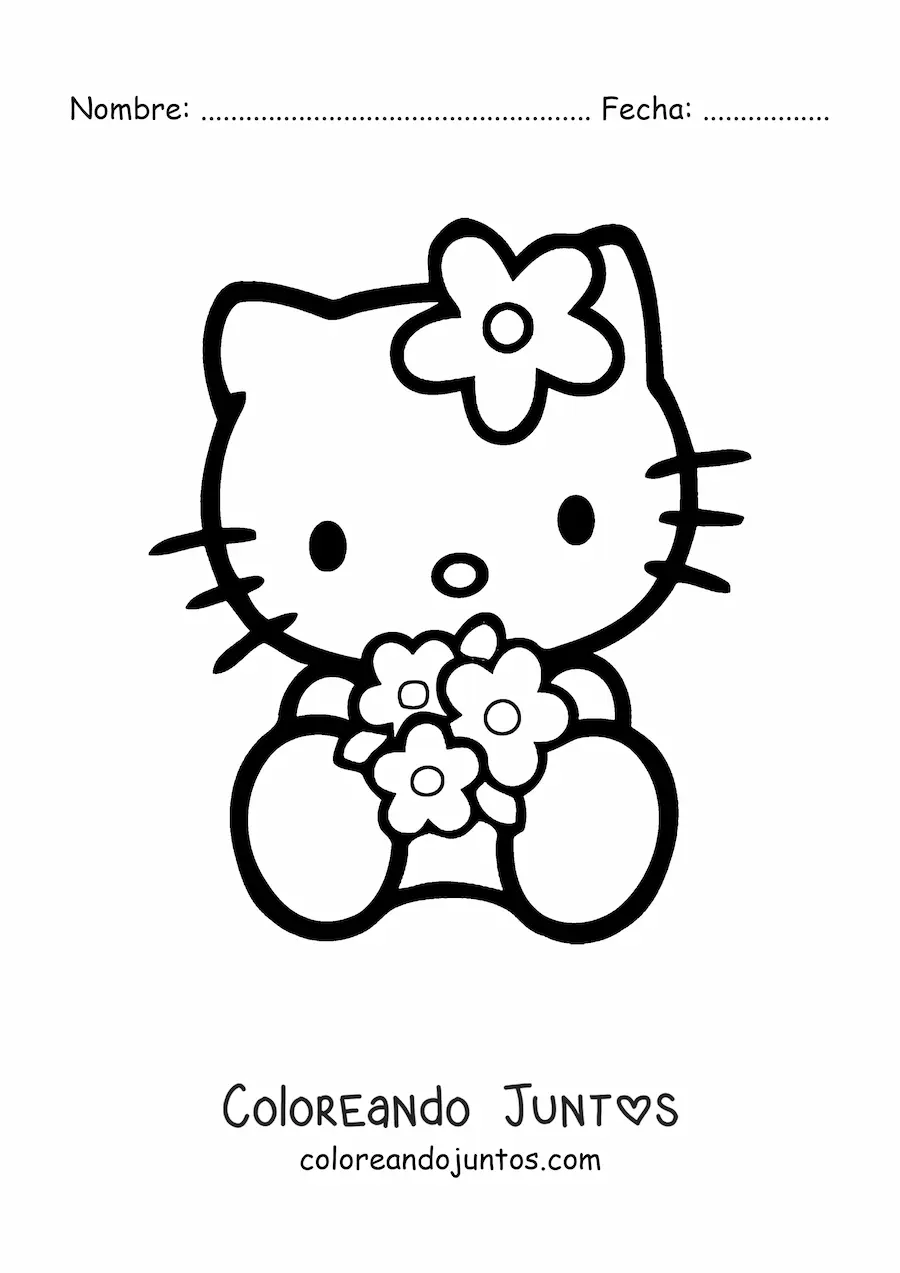Imagen para colorear de Hello Kitty sentada sosteniendo un ramo de flores