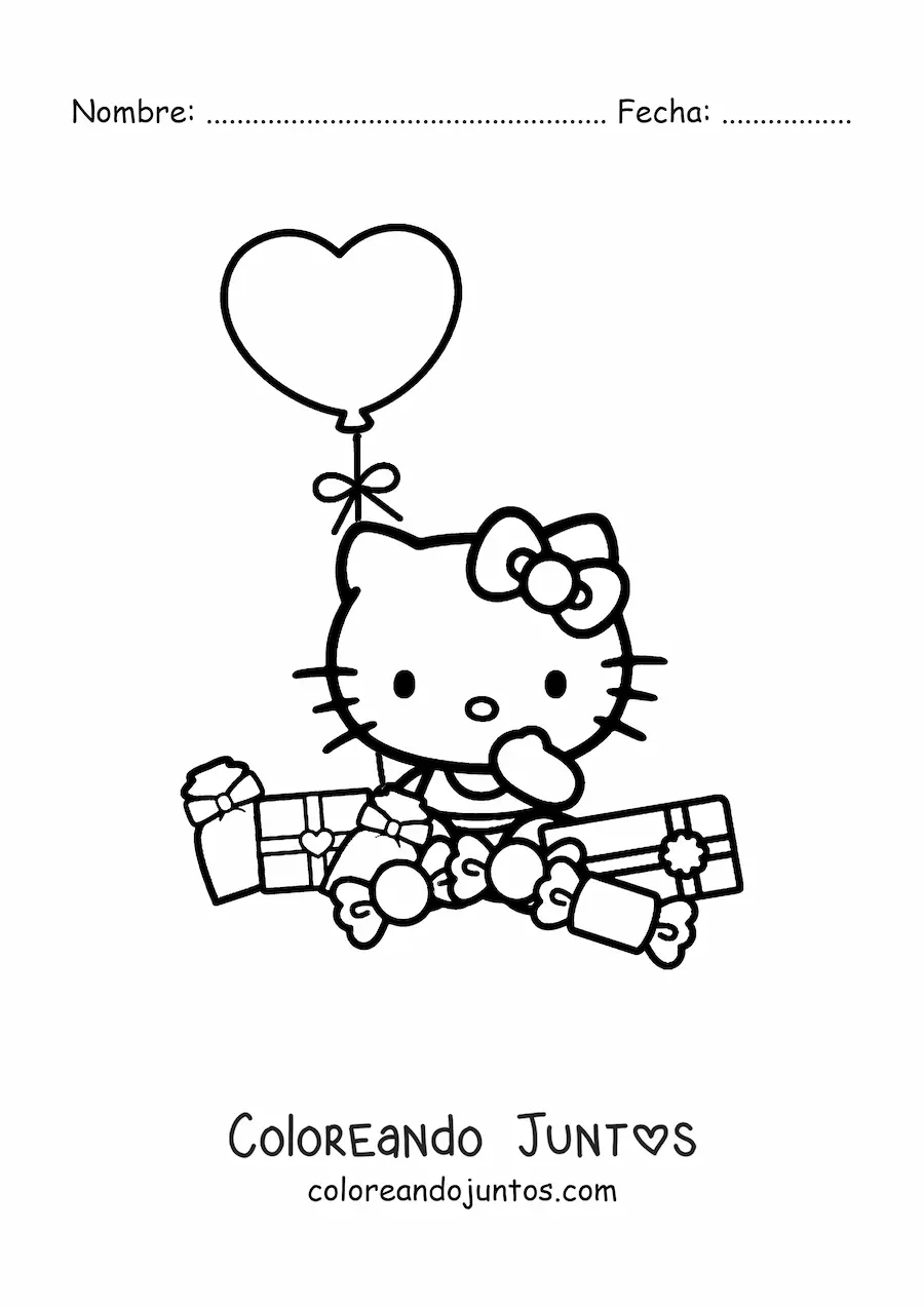Imagen para colorear de Hello Kitty sentada rodeada de regalos y un globo