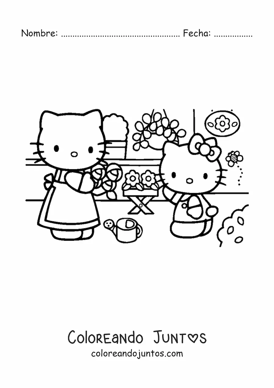 Imagen para colorear de Hello Kitty junto a su mamá arreglando las flores