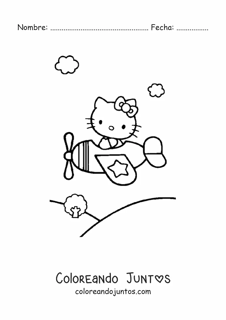 Imagen para colorear de Hello Kitty piloteando un avión sobre un paisaje de montañas