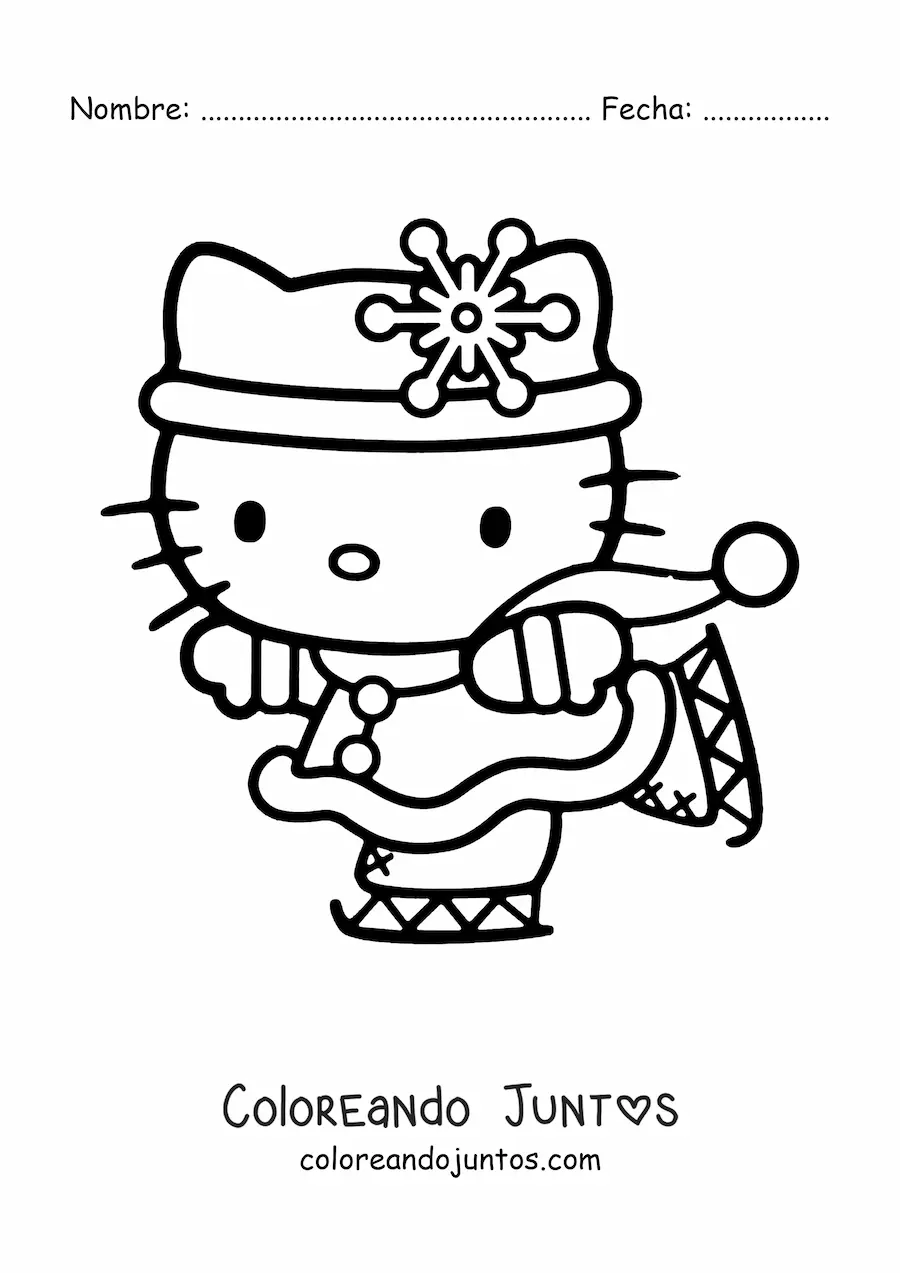 Imagen para colorear de Hello Kitty patinando sobre hielo con un adorno de copo de nieve