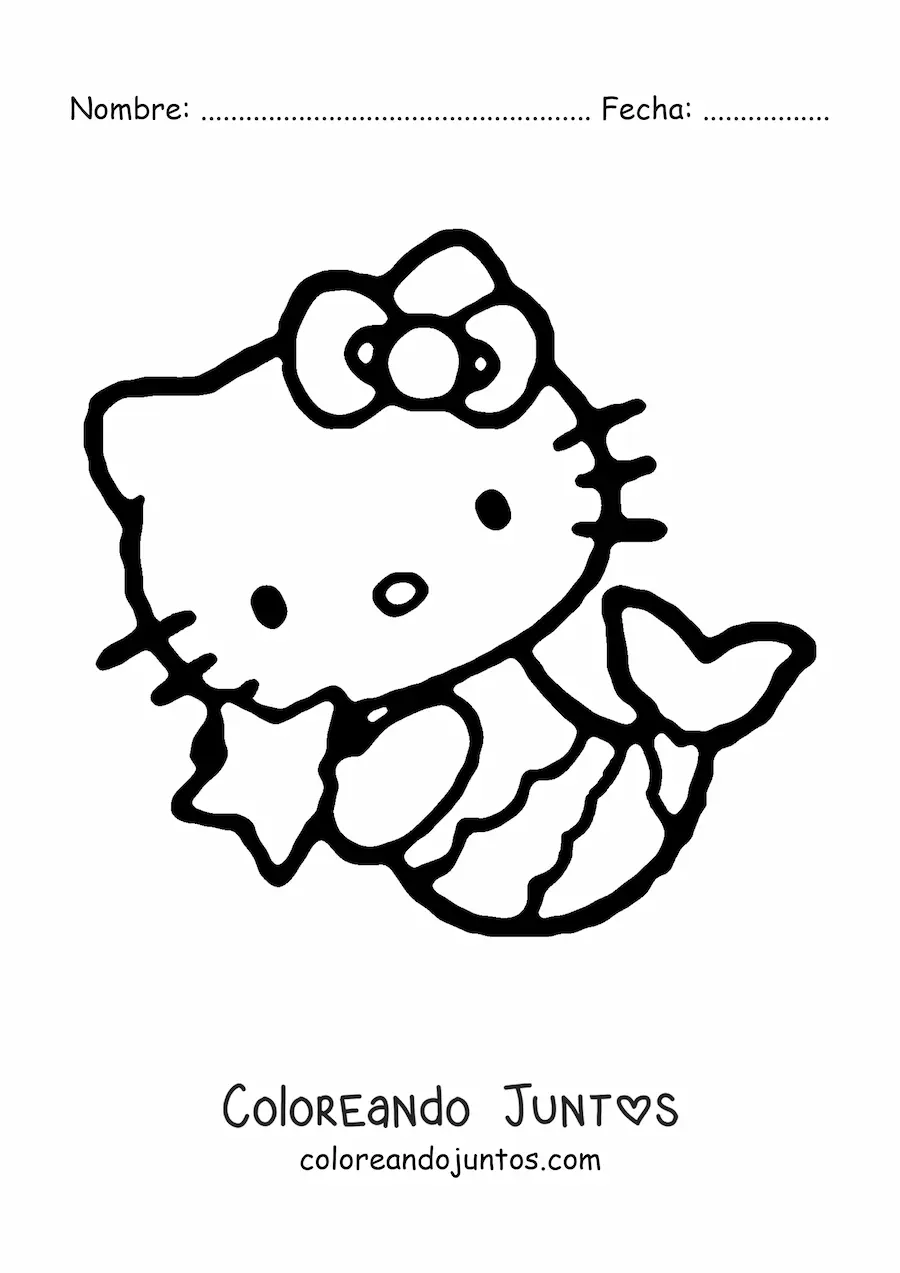 Imagen para colorear de Hello Kitty sirena con una estrella en sus manos