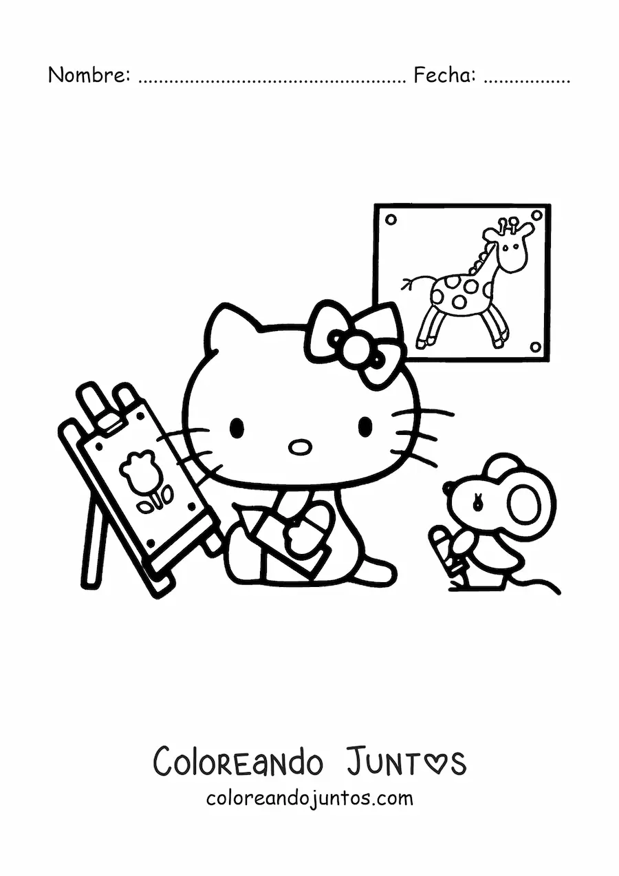 Imagen para colorear de Hello Kitty coloreando sobre un caballete junto a un ratoncito