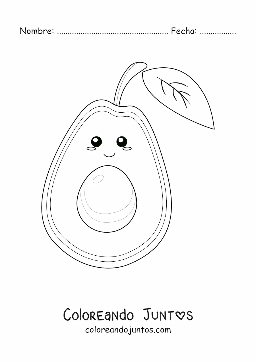 Imagen para colorear de un aguacate kawaii de ojos brillantes con su hoja