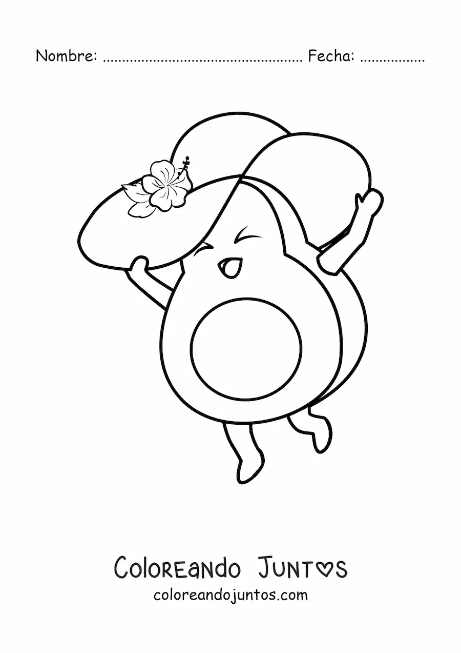 Imagen para colorear de un aguacate animado usando un sombrero de verano con una flor