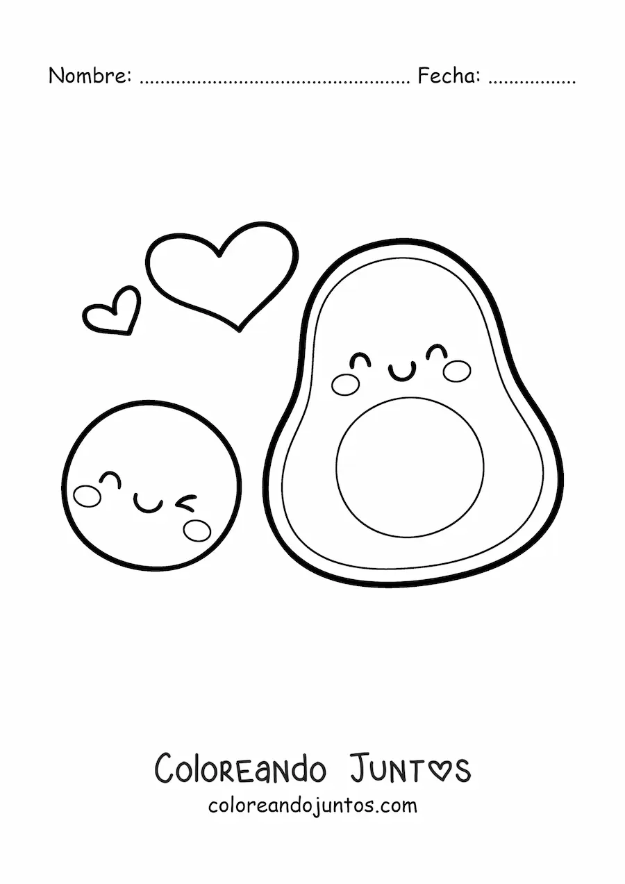Imagen para colorear de un aguacate kawaii animado junto a su semilla animada sonriente