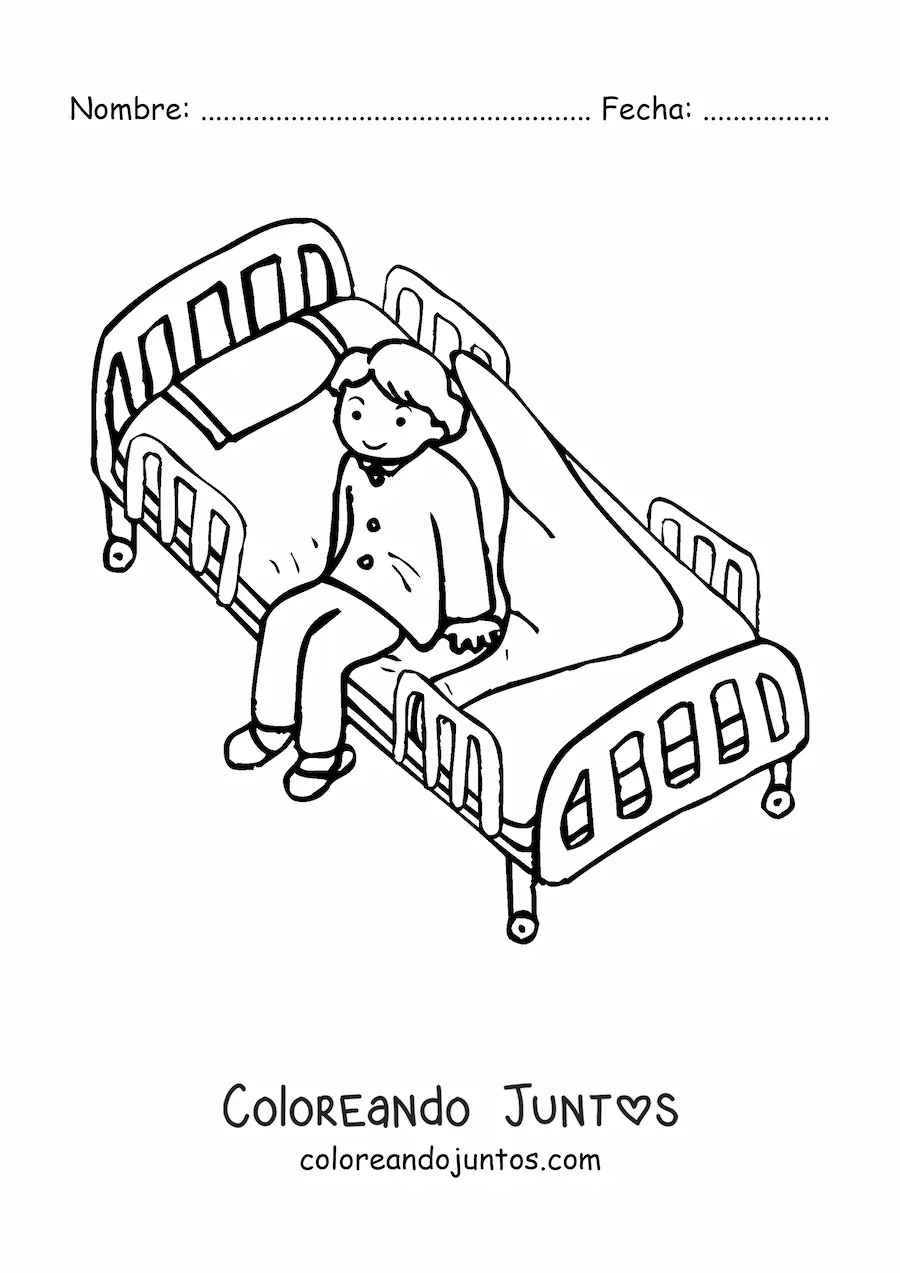 Imagen para colorear de un paciente sentado en una cama de hospital destendida
