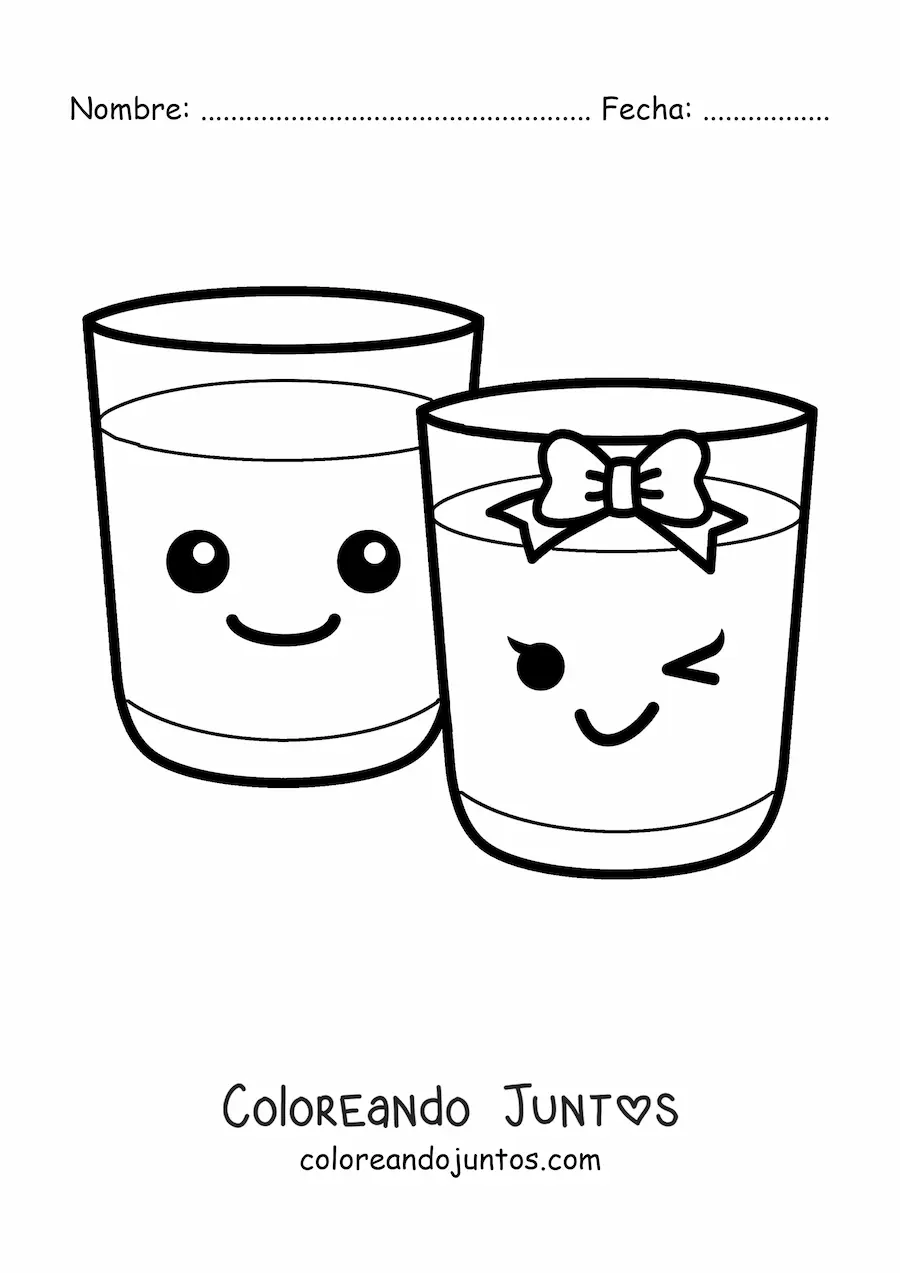 Imagen para colorear un vaso kawaii lleno decorado con un lazo junto a otro vaso kawaii lleno