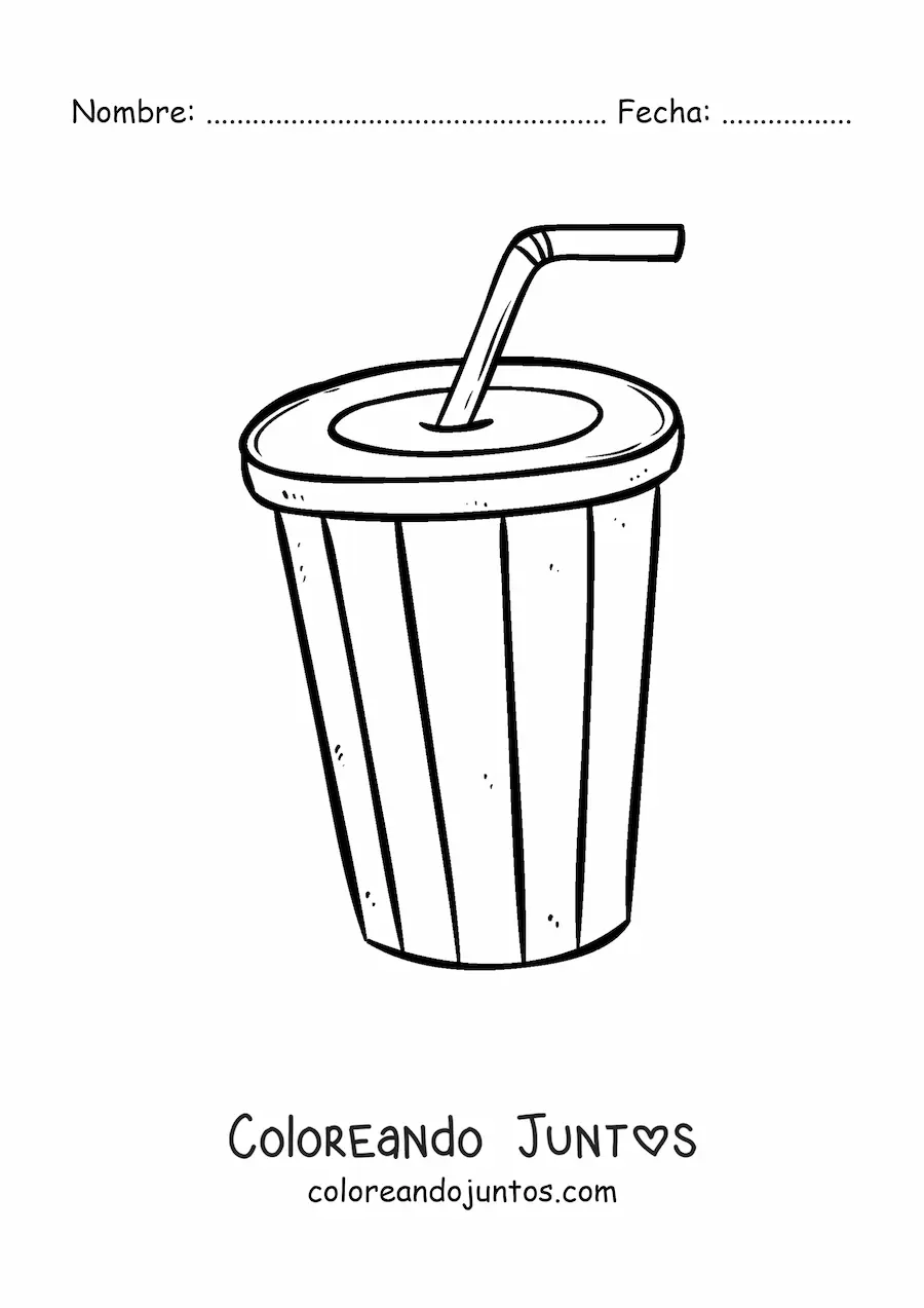 Imagen para colorear de un vaso de refresco desechable con una pajilla doblada