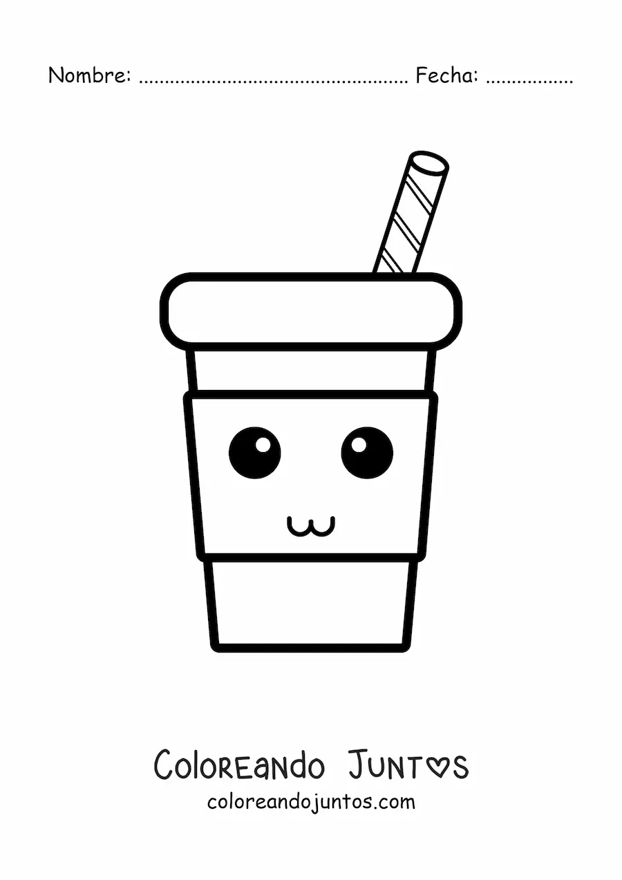 Imagen para colorear de un vaso plástico animado con una pajilla a rayas