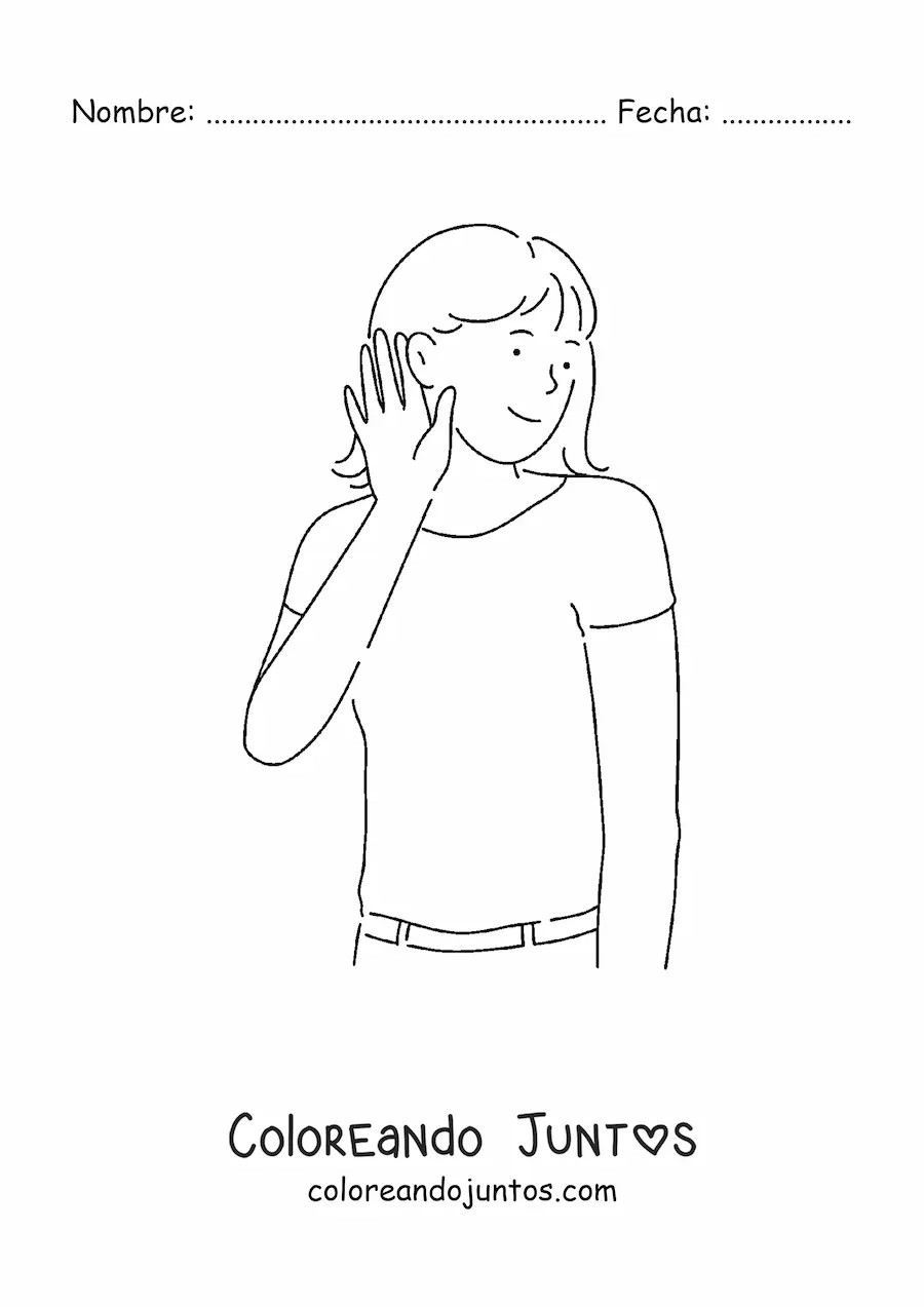 Imagen para colorear de una chica escuchando con la mano apoyada en la oreja